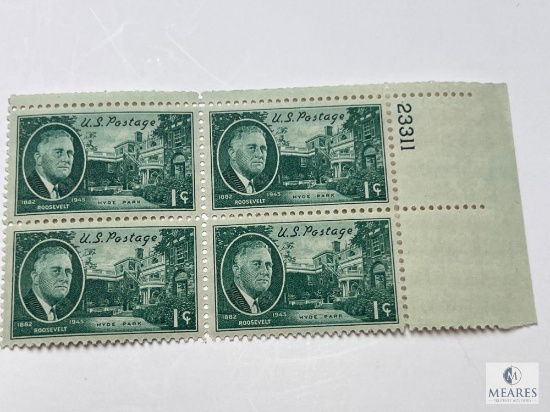 #930 - 1945 1c Roosevelt and Hyde Park Plate Block of Four Stamps
