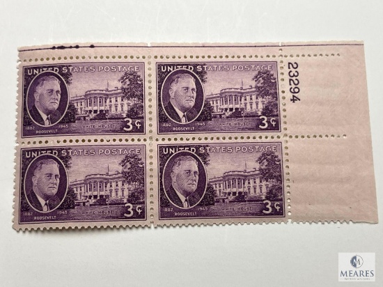 #932 - 1945 3c Roosevelt and White House Plate Block of Four Stamps