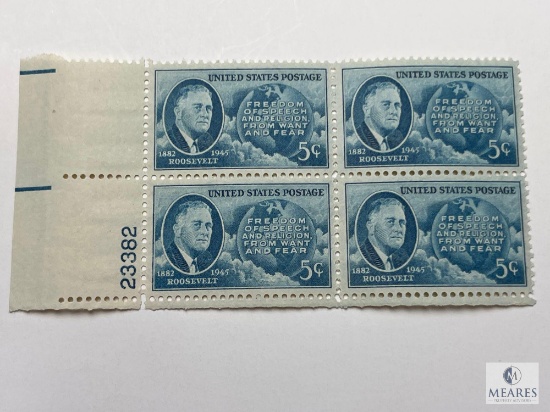 #933 - 1946 5c Roosevelt and Four Freedoms Plate Block of Four Stamps