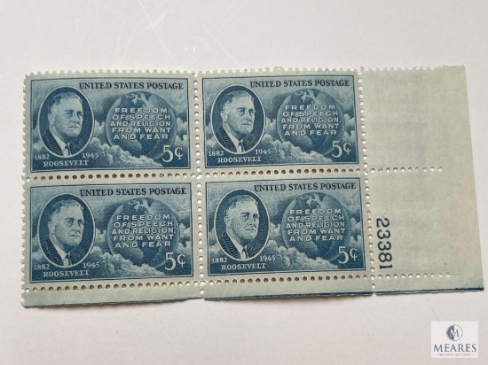#933 - 1946 5c Roosevelt and Four Freedoms Plate Block of Four Stamps