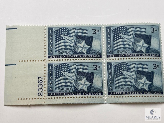 #938 - 1945 3c Texas Statehood Plate Block of Four Stamps