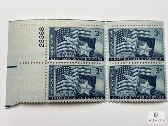 #938 - 1945 3c Texas Statehood Plate Block of Four Stamps