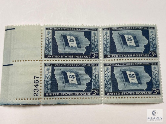 #942 - 1946 3c Iowa Centennial Plate Block of Four Stamps