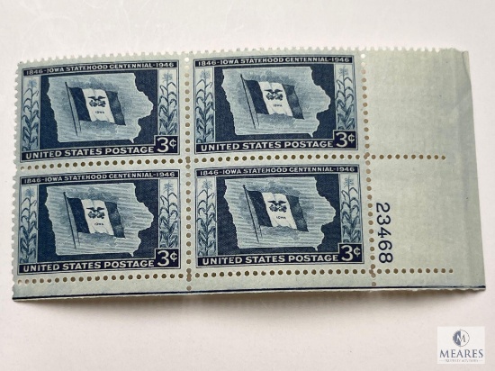 #942 - 1946 3c Iowa Centennial Plate Block of Four Stamps