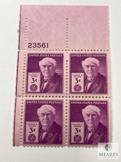 #945 - 1947 3c Thomas A. Edison Plate Block of Four Stamps