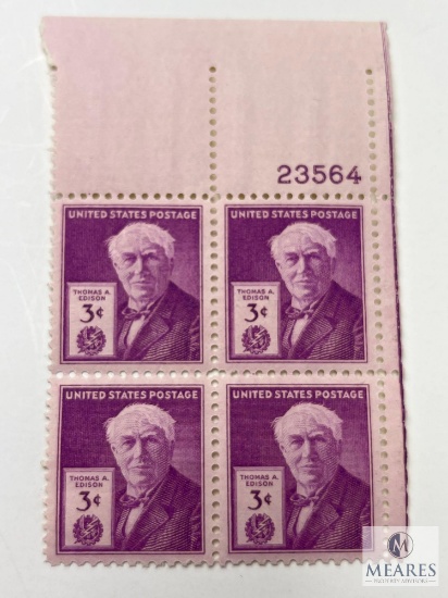 #945 - 1947 3c Thomas A. Edison Plate Block of Four Stamps