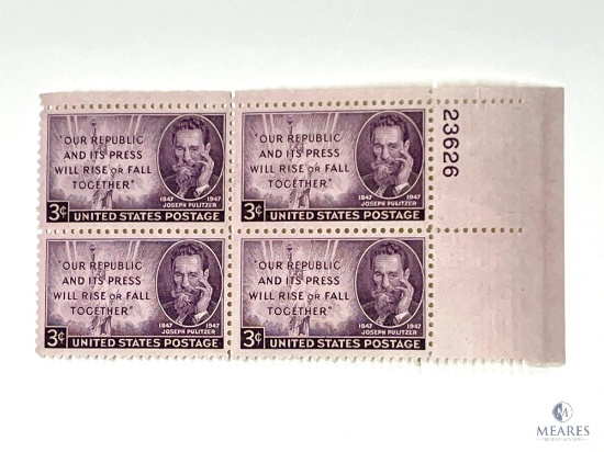 #946 - 1947 3c Joseph Pulitzer Plate Block of Four Stamps