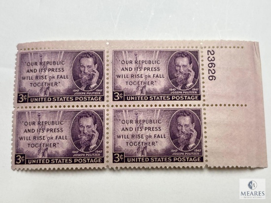 #946 - 1947 3c Joseph Pulitzer Plate Block of Four Stamps