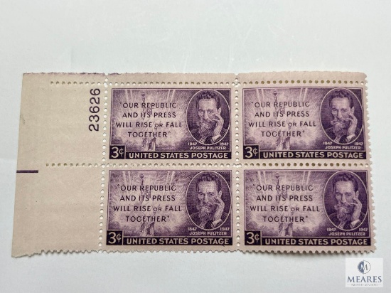 #946 - 1947 3c Joseph Pulitzer Plate Block of Four Stamps