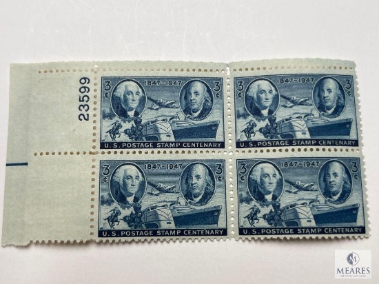 #947 - 1947 3c U.S. Postage Stamp Centenary Plate Block of Four