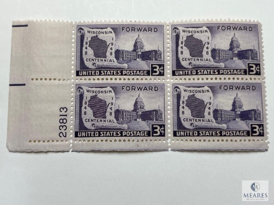 #957 - 1948 3c Wisconsin Statehood Plate Block of Four Stamps