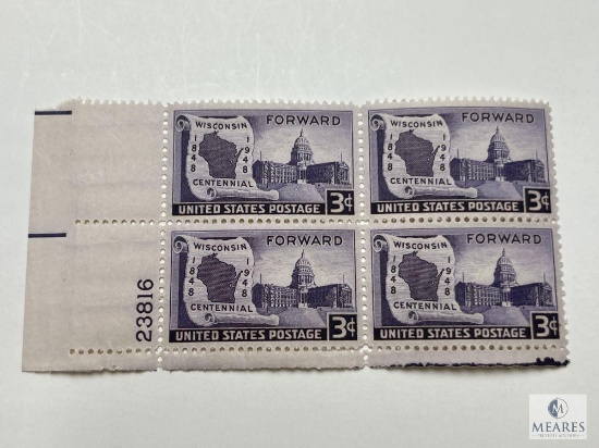 #957 - 1948 3c Wisconsin Statehood Plate Block of Four Stamps