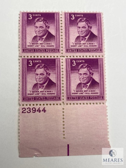 #975 1948 3c Will Rogers I Never Met A Man I Didn't Like Plate Block of Four Stamps