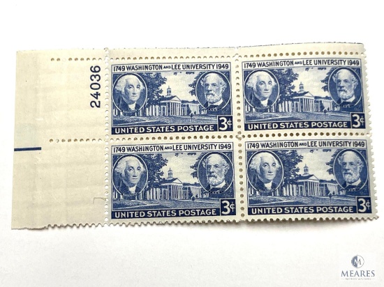 #982 - 1949 3c Washington and Lee University, Plate Block of Four Stamps