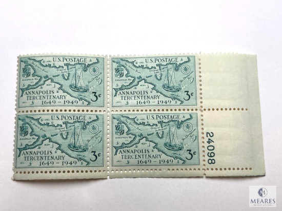 #984 - 1949 3c Annapolis Tercentenary Plate Block of Four Stamps