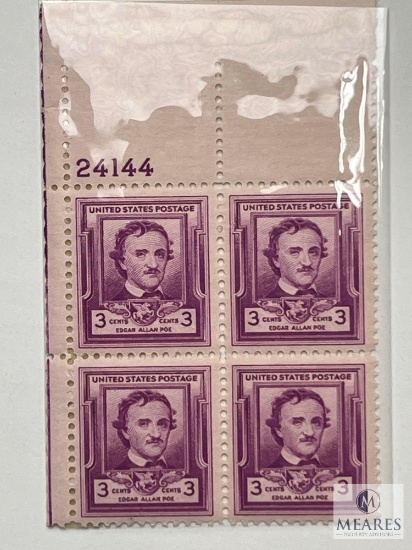 #986 - 1949 3c Edgar Allan Poe Plate Block of Four Stamps