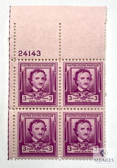 #986 - 1949 3c Edgar Allan Poe Plate Block of Four Stamps