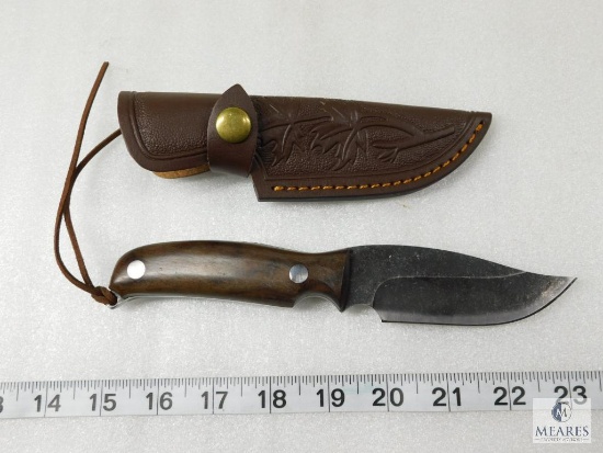 Fixed Blade Knife with Wooden Grip Panels and Leather Sheath