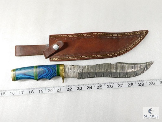 Damascus Steel, Fixed Blade Knife with Leather Sheath