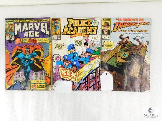 Three Marvel Comics Including Marvel Age, Police Academy, and Indiana Jones