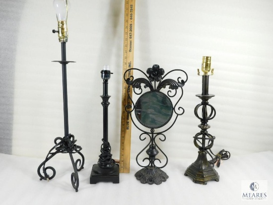Three Cast Iron Electric Lamps and One Mirror