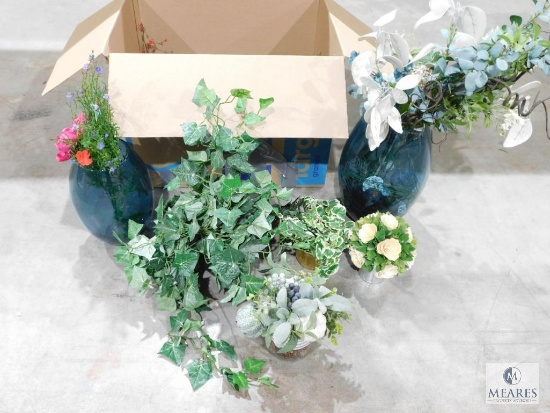 Large Lot of Artificial Flowers and Greenery with Vases
