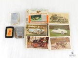 Vintage Milton Bradley Picture and History Automobile Cards & Gold Tone Zippo Lighter