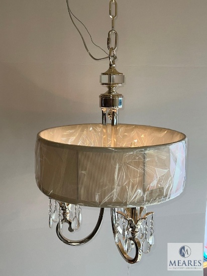 Brass 3 Light Hanging Chandelier with Crystal Prisms and Shallow Drum Shade