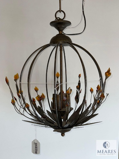 Iron Sphere 4 Light Handing Chandelier with Amber Glass Accents