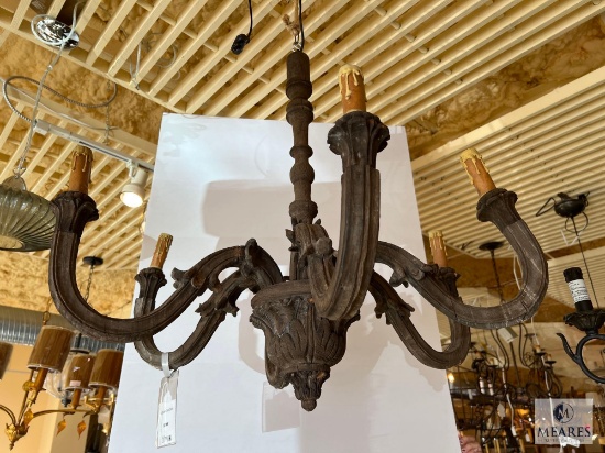 Hand-Carved Six Arm and Light Wood Hanging Chandelier
