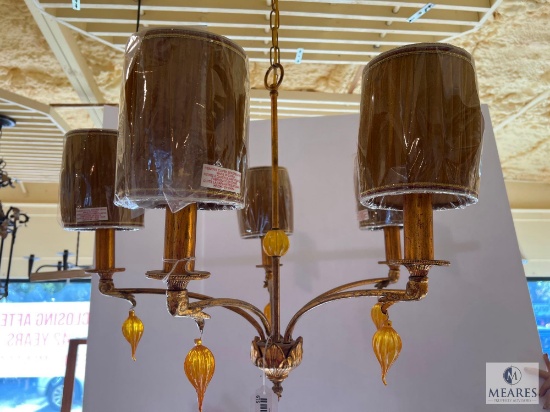 Antique Brass 5 Light Chandelier with Taupe Shades and Amber Glass Accents