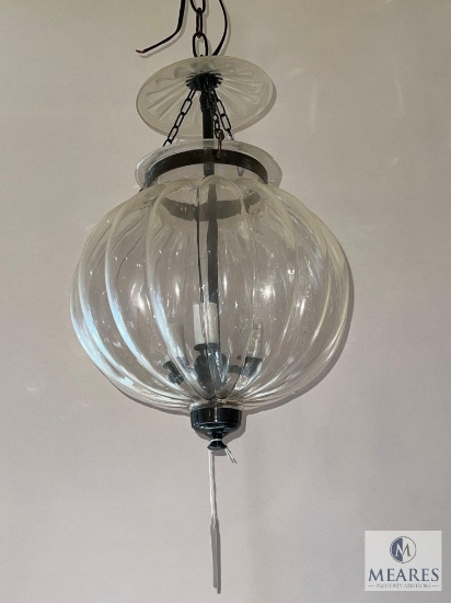 Black Metal and Ribbed Glass Globe Hanging 3 Light Pendant 17"
