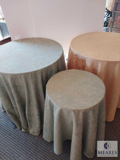 Lot of Three Round Decorator Tables with Cloth Tablecloths