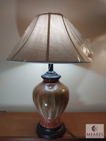 Mustard Glaze Pottery Urn Table Lamp with Empire Beige Shade 30"