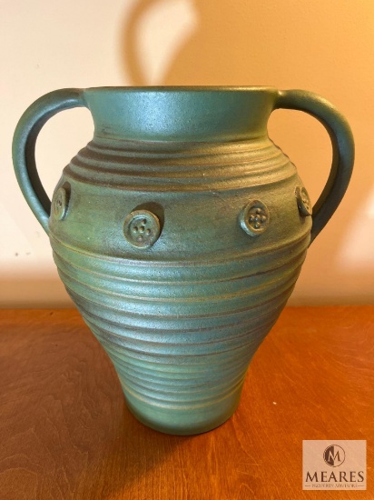 Set of Green Tuscan Button Vases One with Double Handles 11.5"