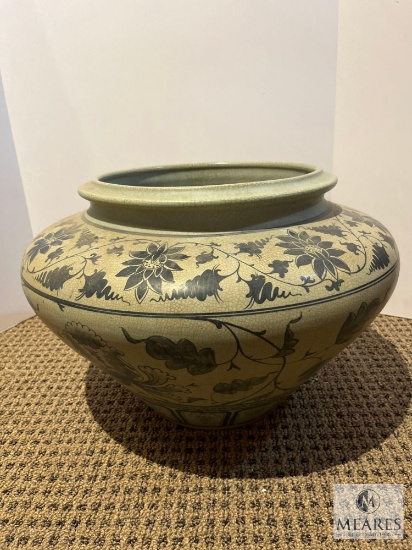 Vintage Ivory and Blue Glazed Ceramic Planter Pot 13" Tall