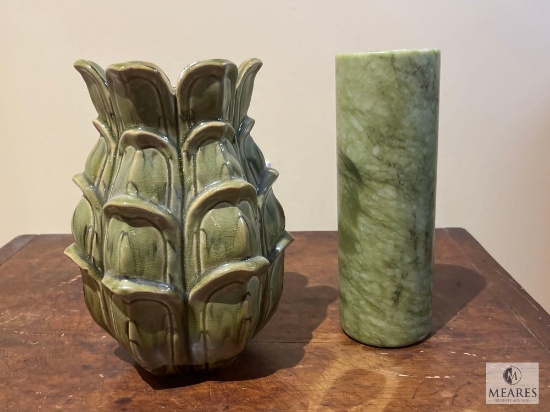 Global Views Artichoke Shaped Ceramic Vase and Green Marble Cylinder Vase