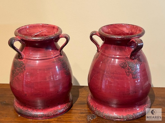 Lot of Two Distressed Red Ceramic Jugs with Three Ears / Handles 11.5"
