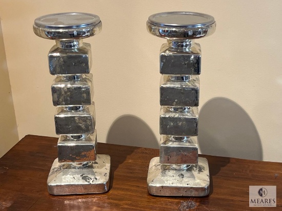 Pair Mercury Glass Stacked Cube Pillar Candlesticks 14"