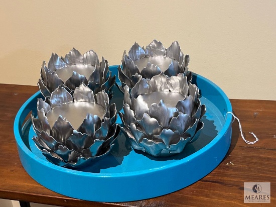 Turquoise Round Tray with Four Silver Tone Lotus Candle Holder