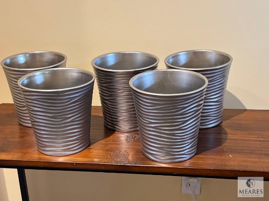 Lot of Five 18 Karat Horizontal Wavy Edge Silver Tone Planter Pots 6.5"