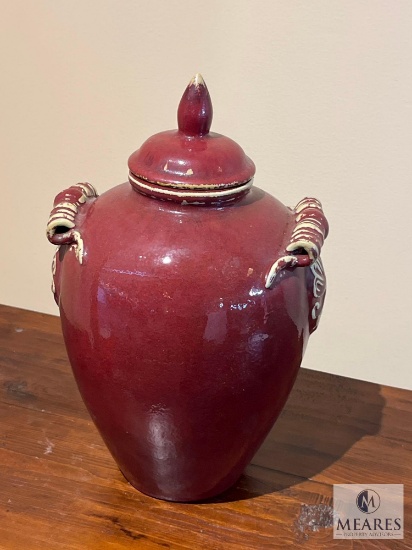 Red Glazed with White Accent Ceramic Lidded Temple Jar 12"