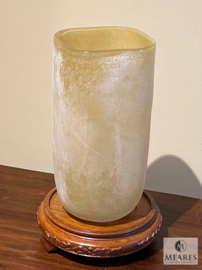 18 Karat Natural Salt Glaze Squared Vase 10" with Oak Carved Base