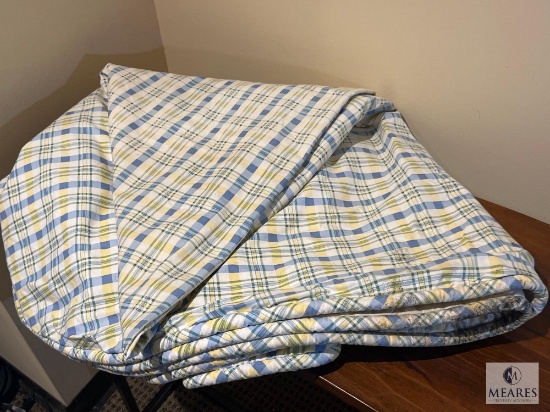 Yellow and Baby Blue Plaid Round Tablecloth - Needs Cleaning