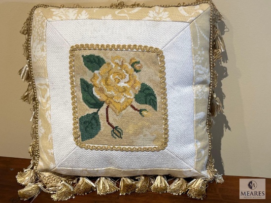 Yellow Rose Needlepoint Decorator Pillow with Tassel Trim