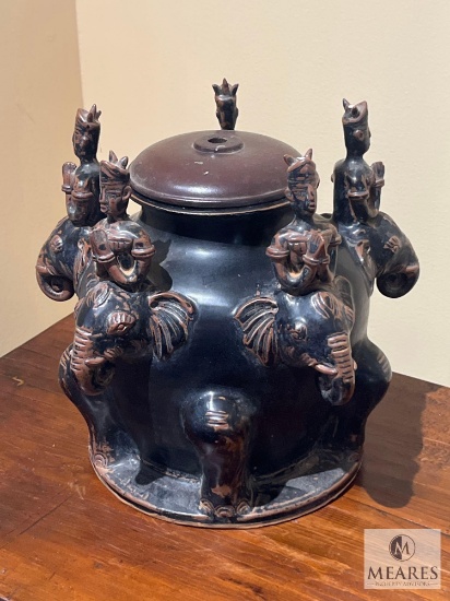 Vintage Ceramic Lidded Jar Sacred Men on Elephants 9.5" Tall