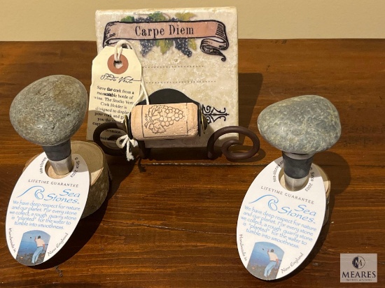Pair of Two Sea Stone Wine Corks and Studio Verte Carpe Diem Wine Cork Rememberable Tile