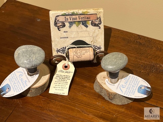 Pair of Two Sea Stone Wine Corks and Studio Verte In Vino Veritas Wine Cork Rememberable Tile