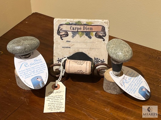 Pair of Two Sea Stone Wine Corks and Studio Verte Carpe Diem Wine Cork Rememberable Tile