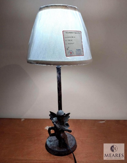 Distressed Iron Cherub Candlestick Buffet Lamp with Cream Empire Shade 21.5"